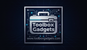 Toolbox Gadgets Logo on a dark blue background with light blue grid patterns vanishing towards the center horizon.